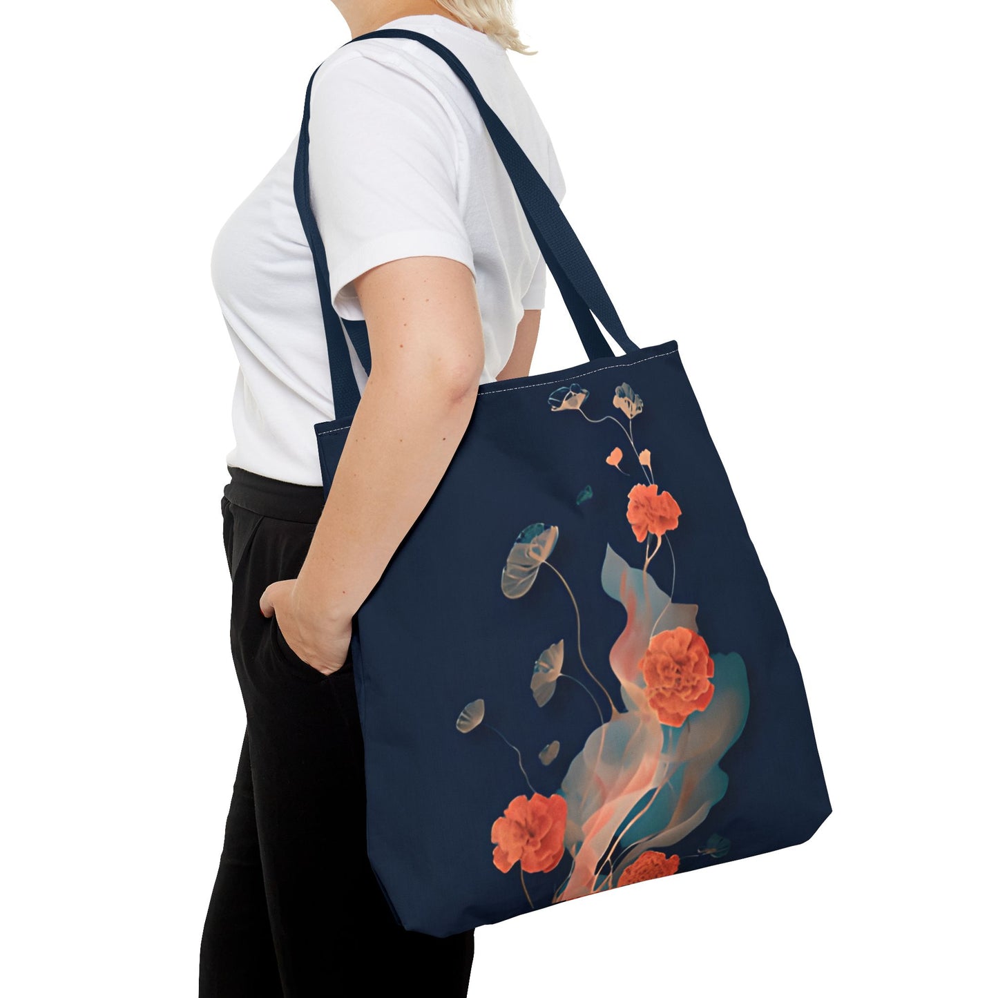 Lotus Reverie Tote Bag (16x16 & 18x18)- Deep Navy Canvas with Soft Coral Lotus and Leaf Motifs, Reusable & Eco-Friendly