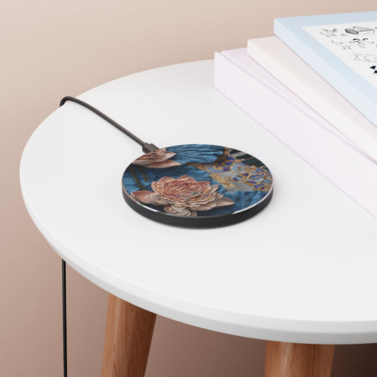 Peony Midnight Tapestry peony floral art Qi wireless charger on bedside table with books