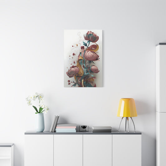 Blushing Peony Veil wall art canvas displayed above a modern white console table in a bright living room