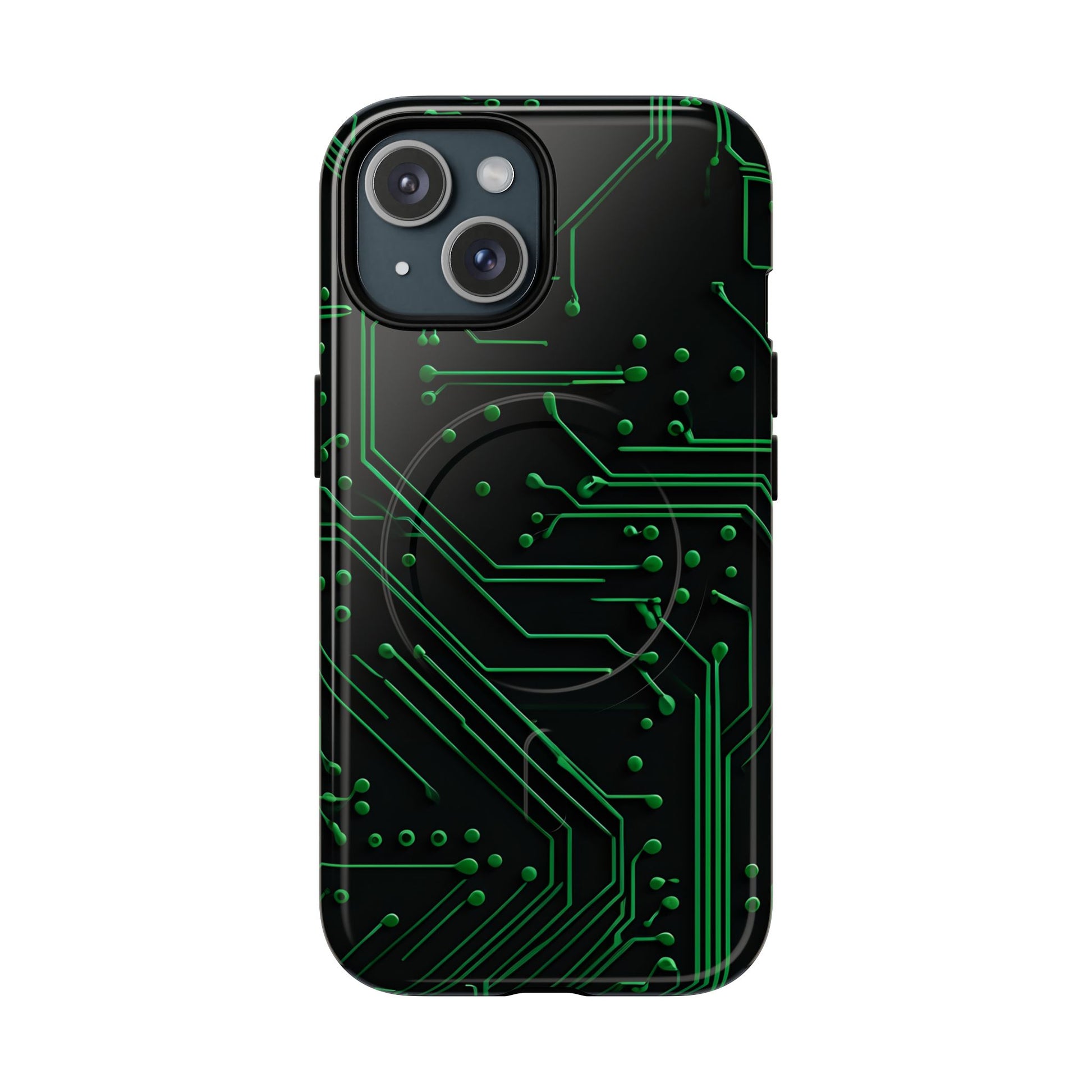 Green Circuit Grid iPhone 15 MagSafe Compatible case- Tech-Inspired Shockproof Cover