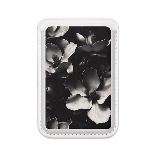 Monochrome Magnolia MagSafe card holder with black and white magnolia floral pattern on white magnetic wallet.