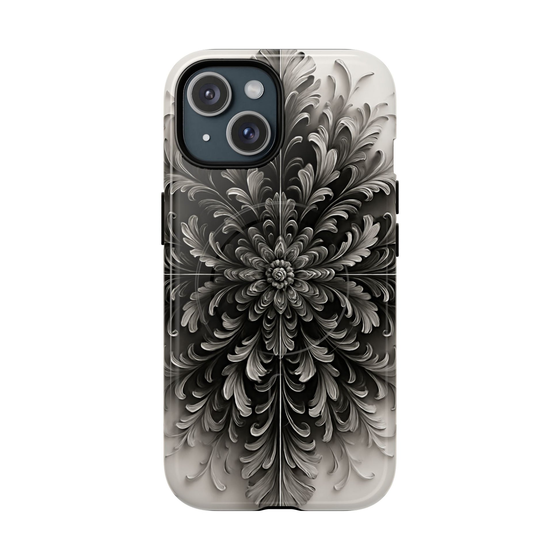 Obsidian Bloom - Elegant Black & White iPhone 15 MagSafe Phone Case - Intricate Mandala Flower Design
