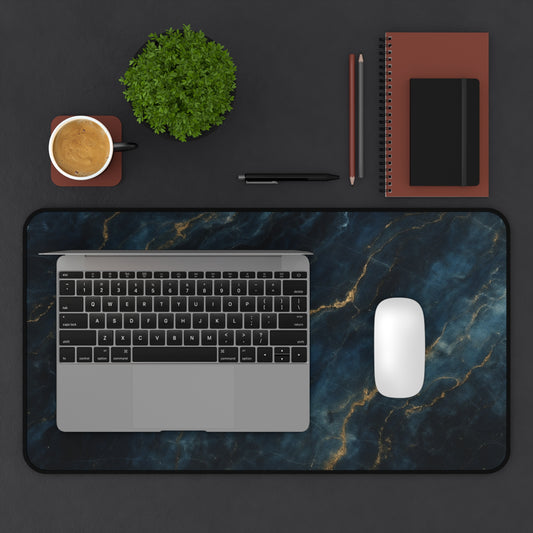 Midnight Marble desk mat in workspace with keyboard showing dark marble design