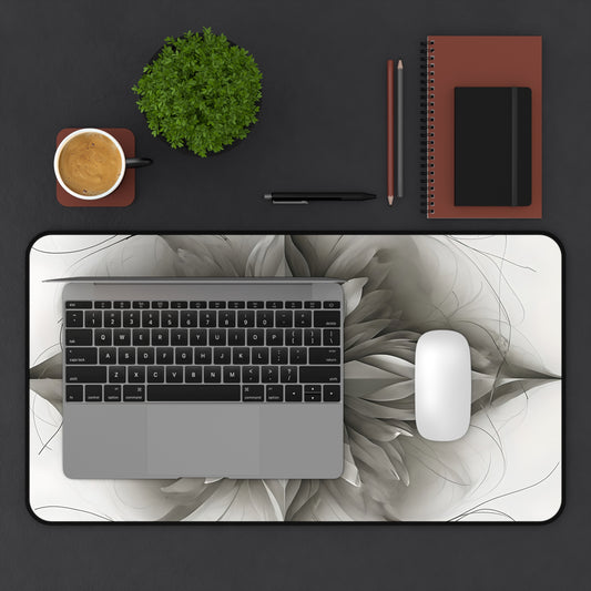 Silver Lotus desk mat in workspace with keyboard showing lotus mandala design