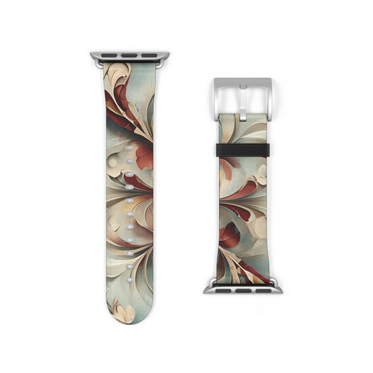 Vintage Baroque Blossom Apple Watch band strap with silver clasp showing classic baroque floral artwork in ivory and red tones