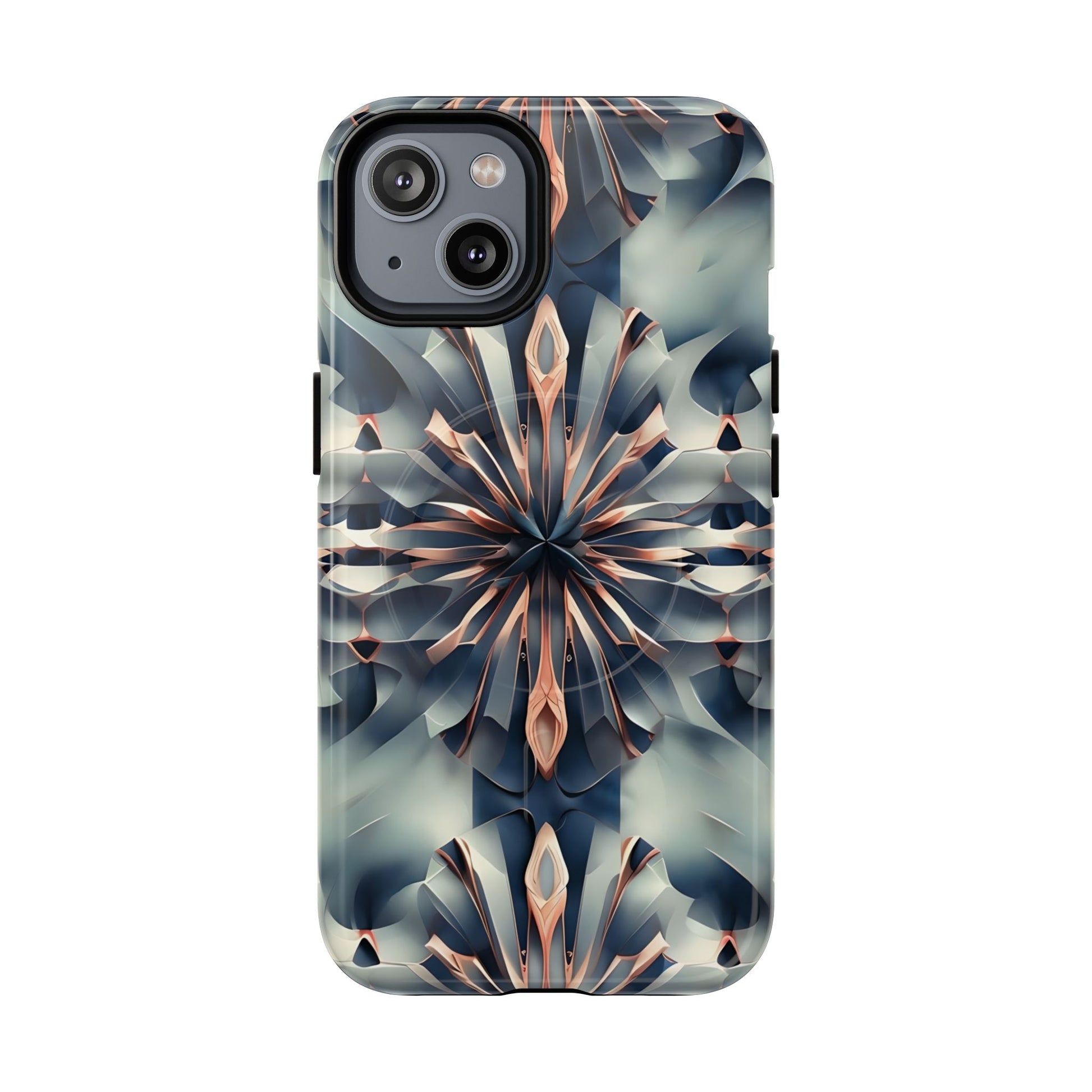 Obsidian Kaleidoscope Artistic Floral Burst - iPhone 14 MagSafe Phone Case -Blue, Peach and Silver Symmetrical Design