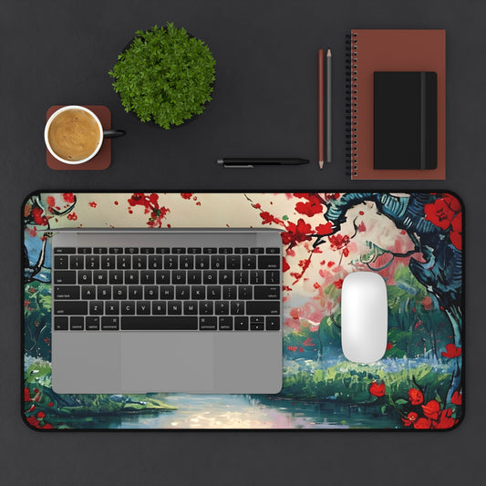 Crimson Blossom desk mat in workspace with keyboard showing vibrant blossom design
