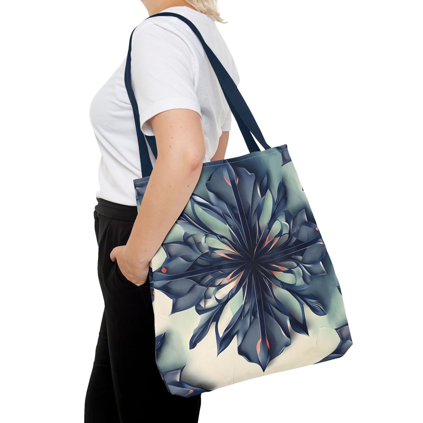 Frosted Indigo Bloom Tote Bag (16x16 & 18x18)- Navy Blue Floral Burst on Cream Canvas with Navy Handle, Reusable & Stylish