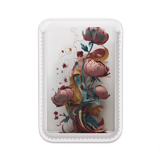 Blushing Peony Veil MagSafe card holder with pink peony blossoms and colorful abstract ribbons on white magnetic wallet.