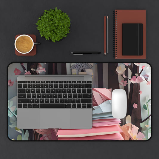 A Good Night's Sleep desk mat in workspace with keyboard showing soft patterned artwork
