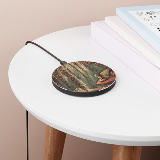 Willow Whisper woodland fairy art Qi wireless charger on bedside table with books