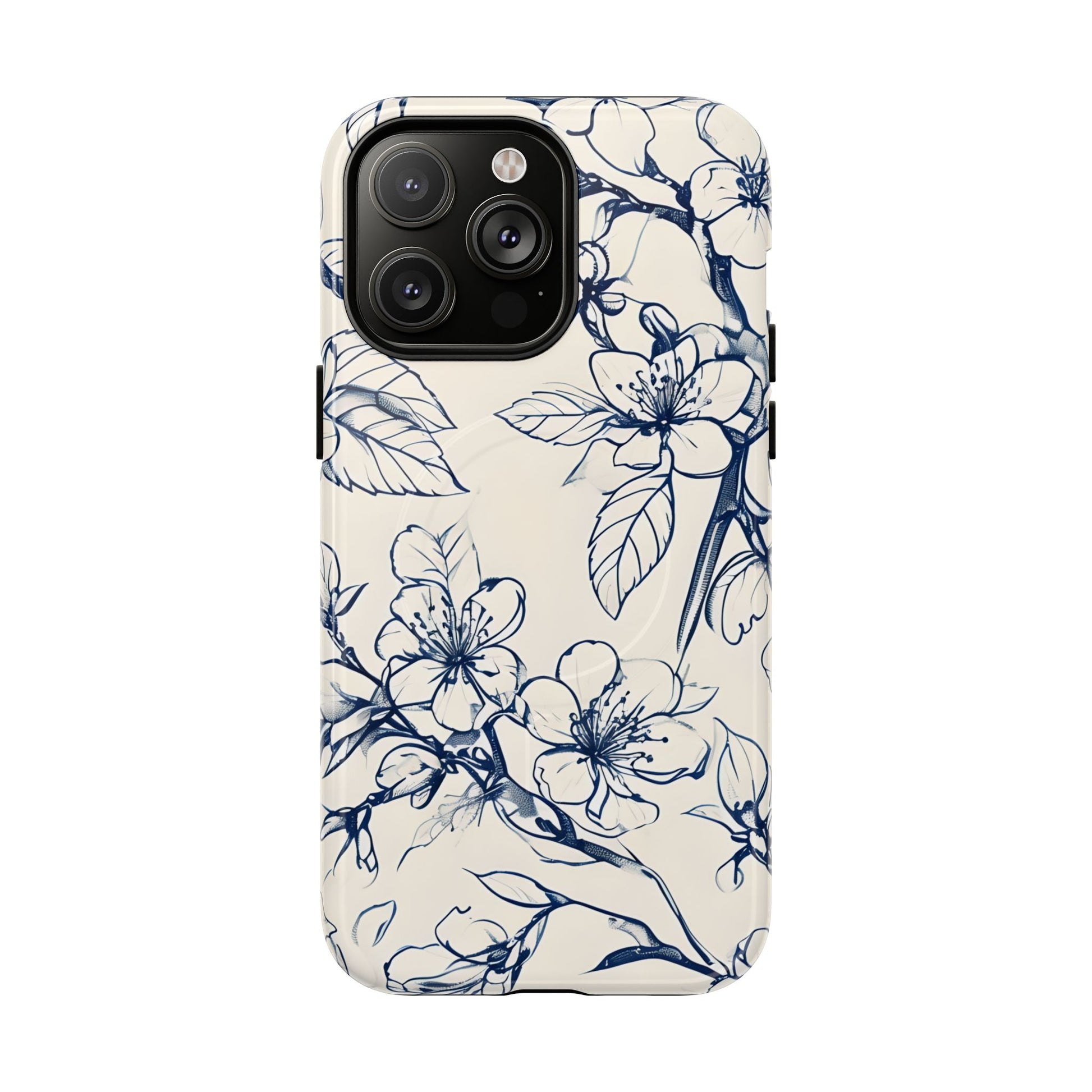 Blossom Sketch - Artistic Blue Floral - iPhone 14 Pro Max MagSafe Phone Case - Hand-Drawn Botanical Design