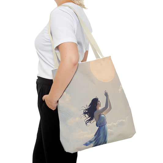 Moonlit Ascend Tote Bag (16x16 & 18x18)- Dreamy Nighttime Silhouette on Beige Canvas, Reusable & Eco-Friendly