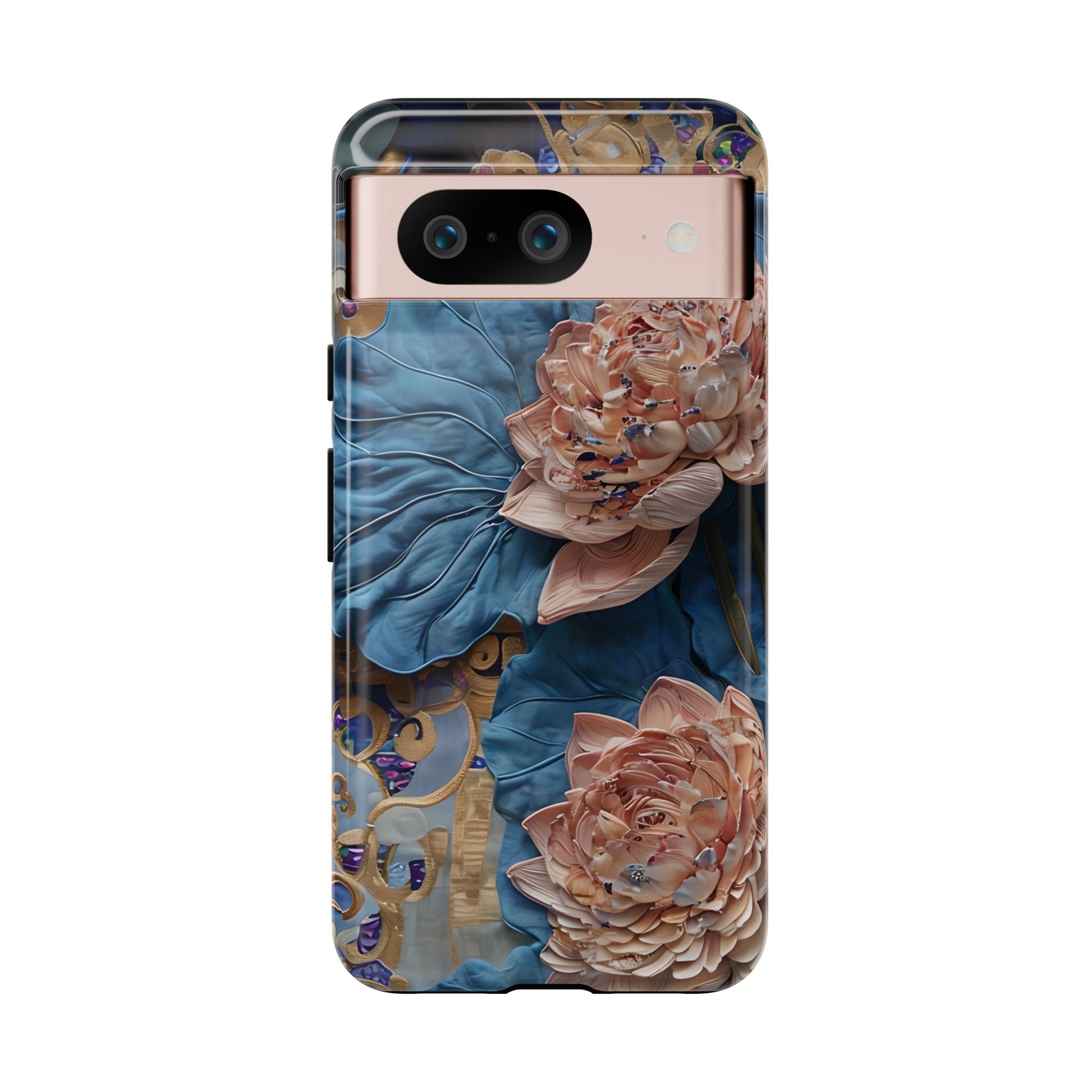 Peony Midnight Tapestry - Google Pixel 8 - Elegant Blue & Blush Artful Phone Cover