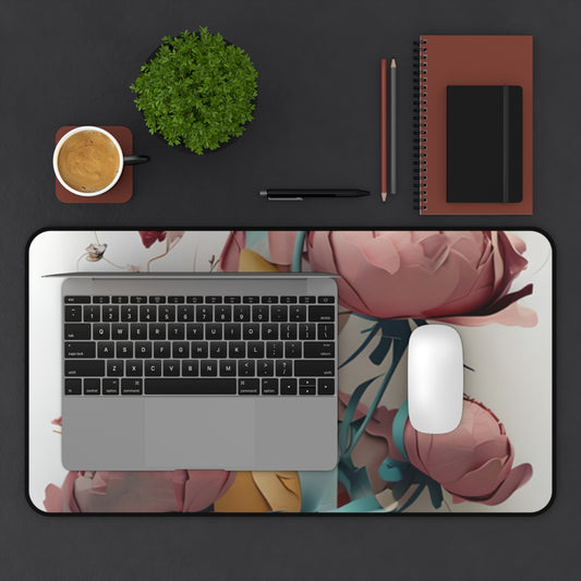 Blushing Peony Veil desk mat in workspace with keyboard showing delicate peony blossom design