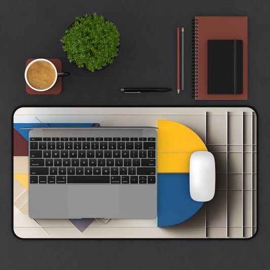 Chromatic Construct desk mat in workspace with keyboard showing modern abstract geometric artwork