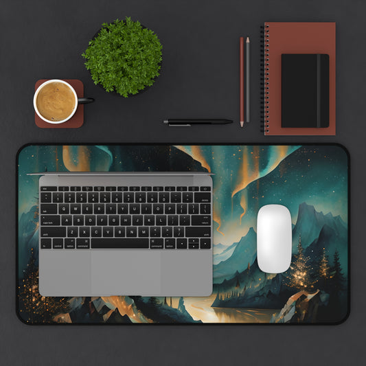 Aurora Dreamscape desk mat in workspace with keyboard showing glowing aurora design