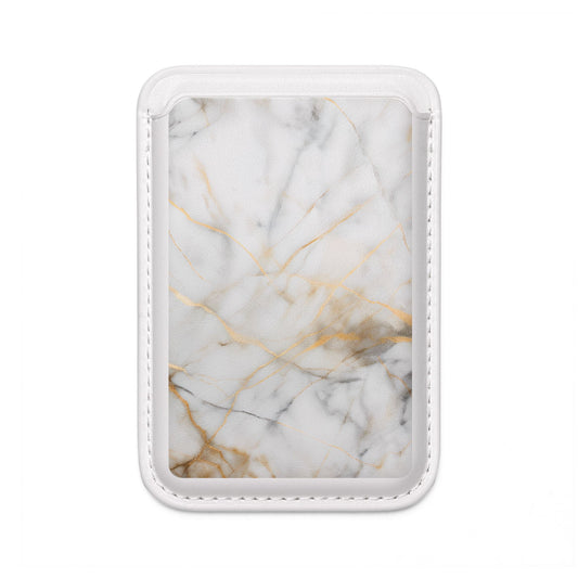 Golden Vein MagSafe card holder with white marble and gold vein pattern on white magnetic wallet.