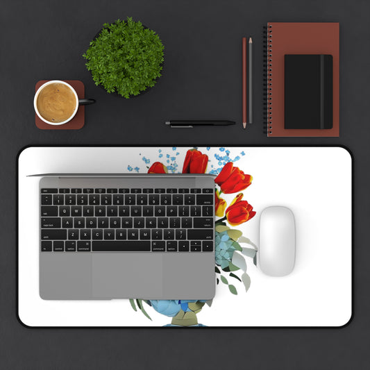 Bouquet Brilliance desk mat in workspace with keyboard showing colorful bouquet design