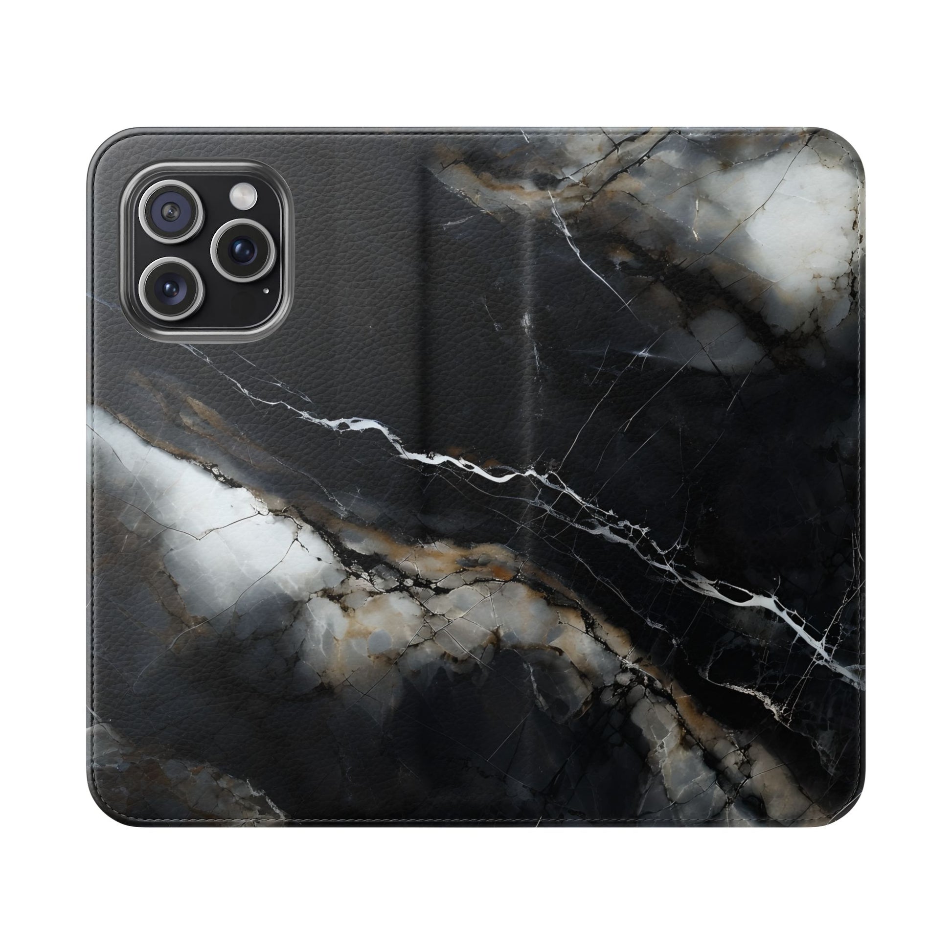 Obsidian Vein Wallet Phone Case - Black & White Marble - Flip Cover for iPhone 15 Pro Max