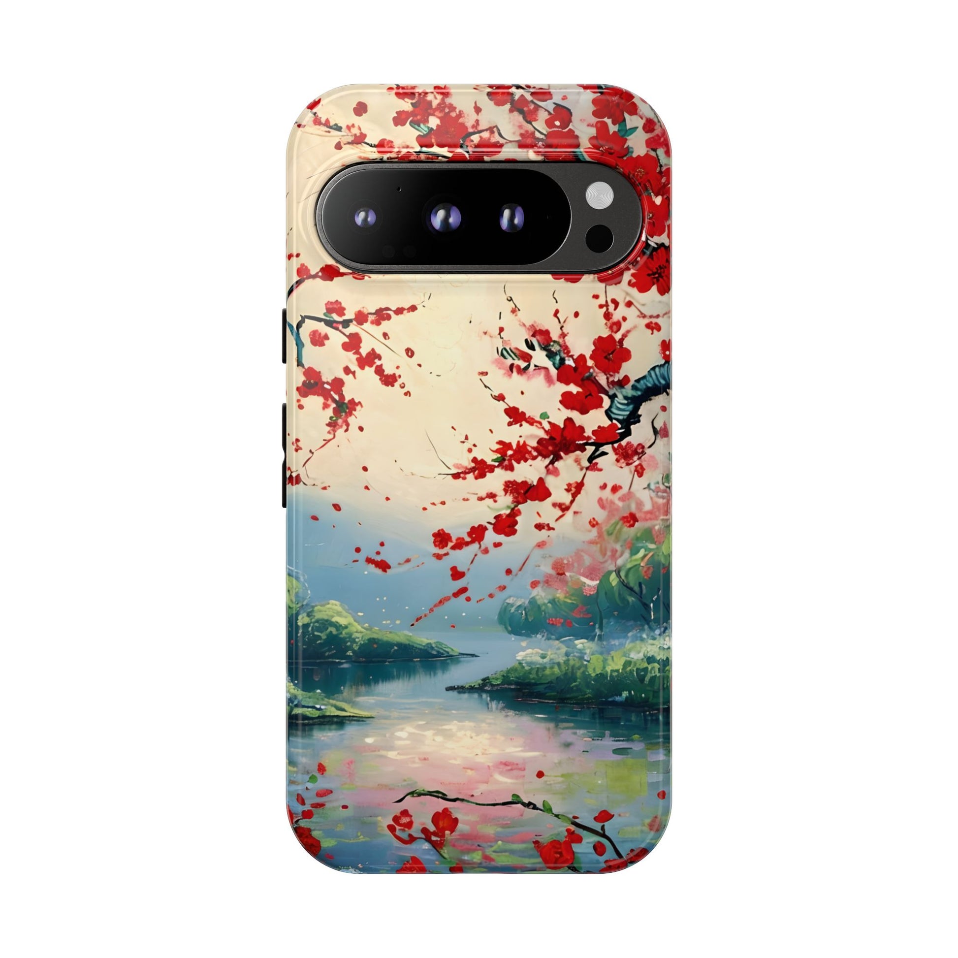 Crimson Blossom Lake - Artistic Floral Landscape Google Pixel 9 Pro Tough Phone Case - Red Cherry Blossoms & Serene Lake Design