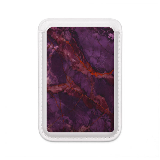 Amethyst Current purple marble MagSafe card holder with violet and red veining, shown on white magnetic wallet for compatible MagSafe iPhone cases.