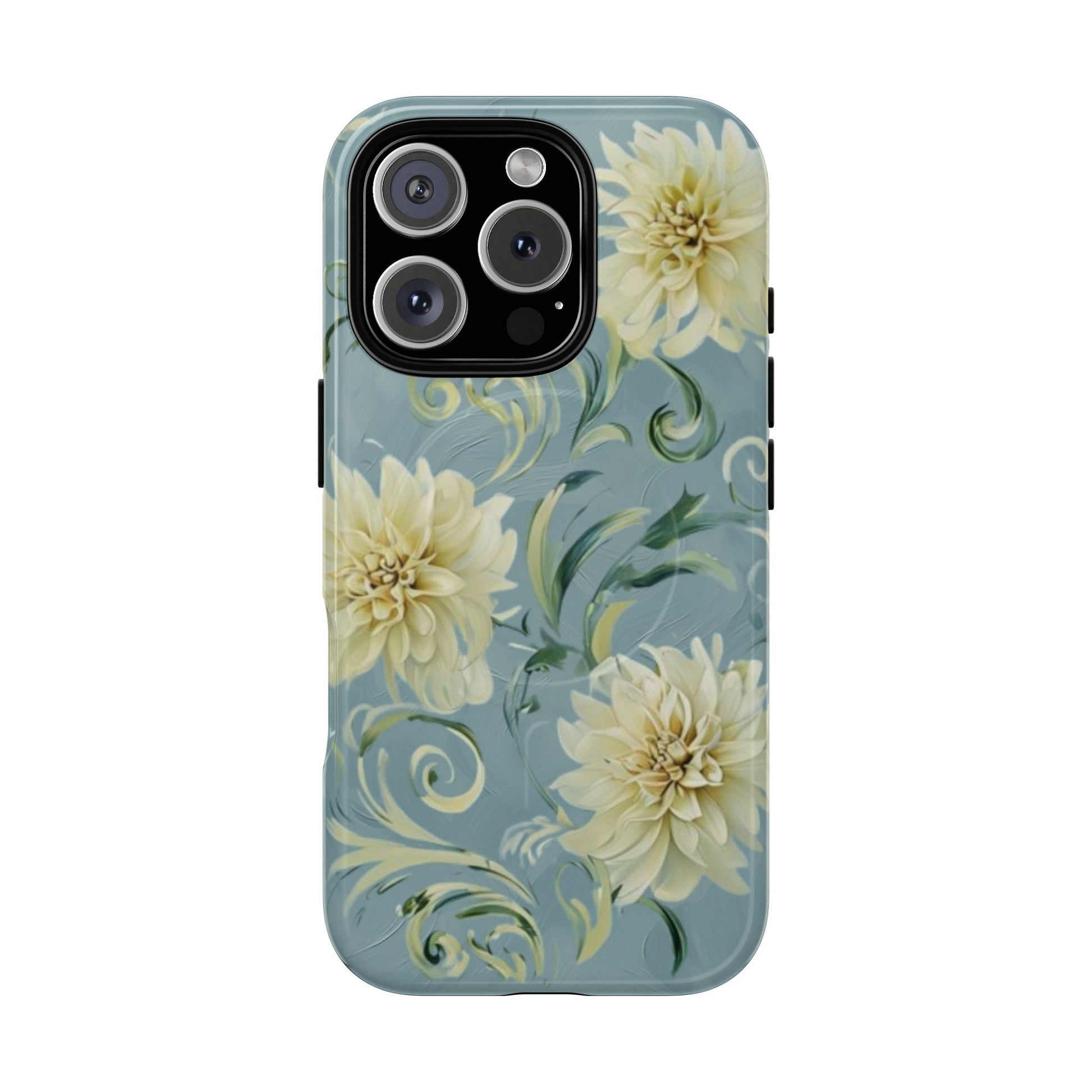 Golden Dahlia Trio - Elegant Floral iPhone 16 Pro MagSafe Phone Case - Artistic White & Blue Dahlia Design