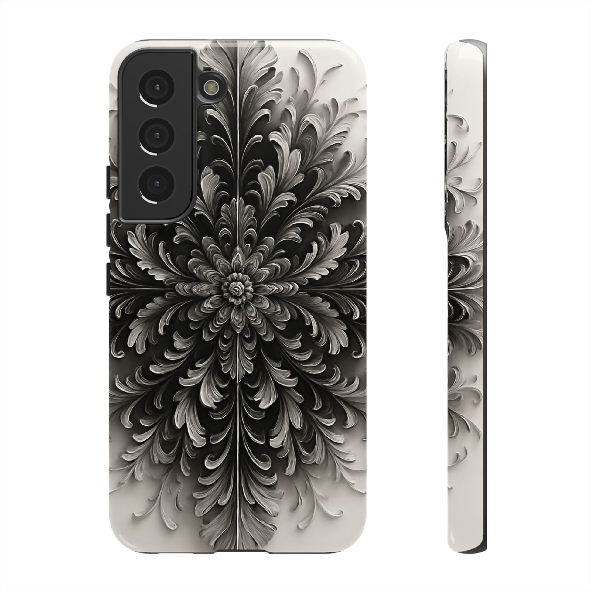 Obsidian Bloom - Elegant Black & White Samsung Galaxy S22 Tough Phone Case - Intricate Mandala Flower Design