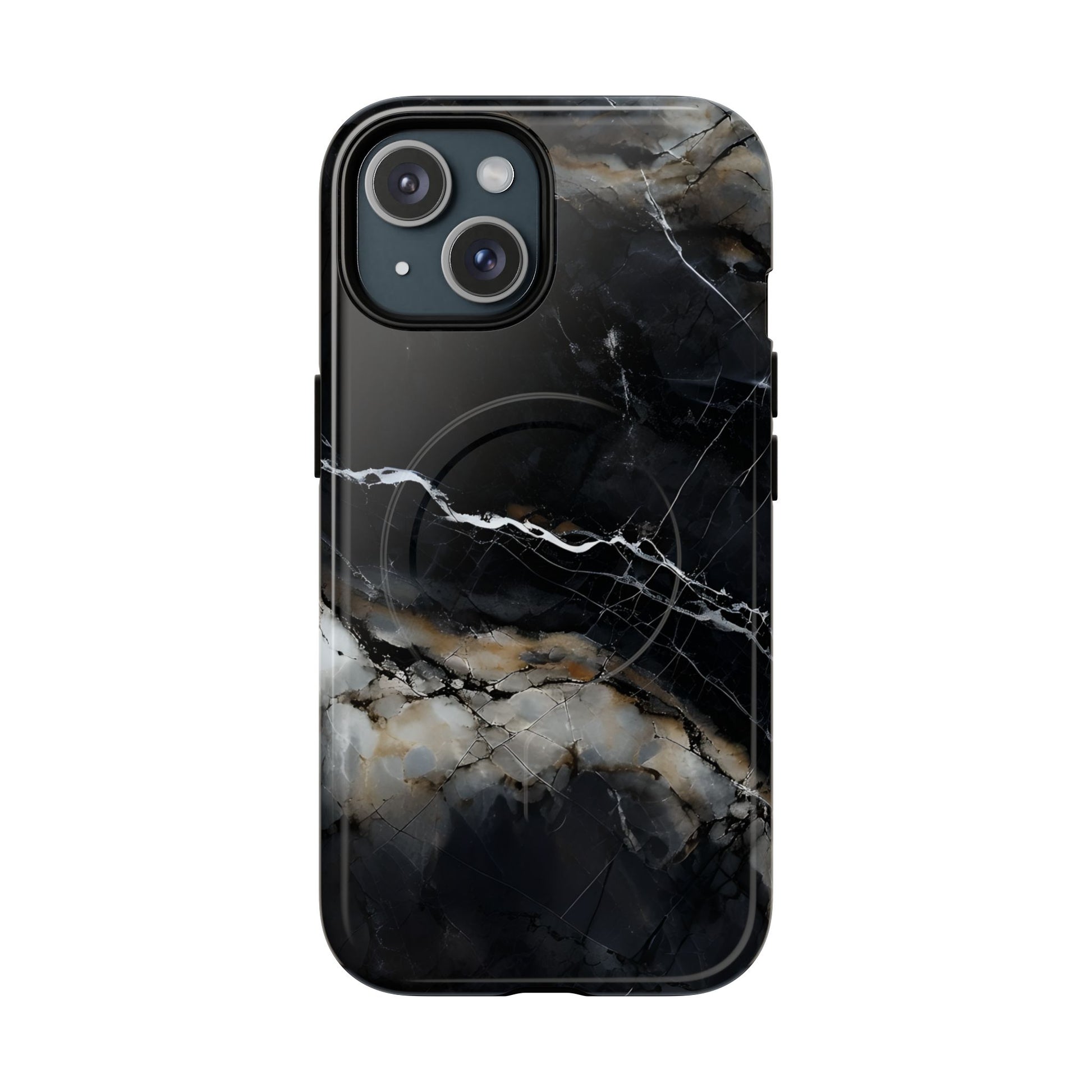 Obsidian Vein iPhone 15 MagSafe Phone Case -Black Neutral Marble Design