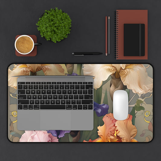 Iris Reverie desk mat in workspace with keyboard showing vibrant iris floral design