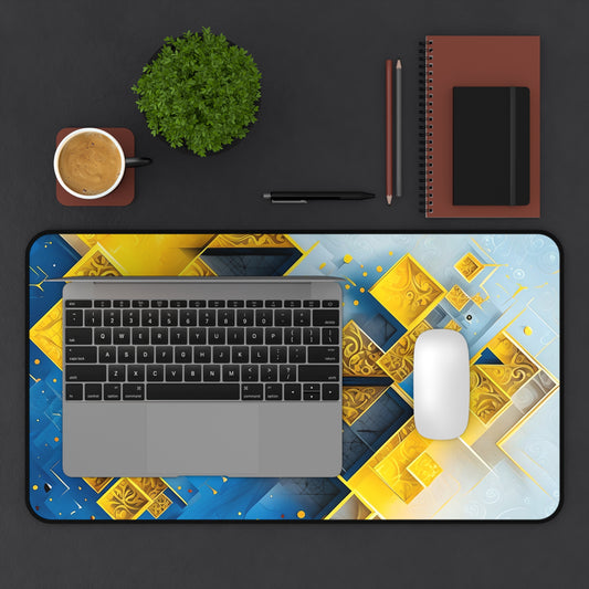 Golden Ascent desk mat in workspace with keyboard showing vibrant geometric design
