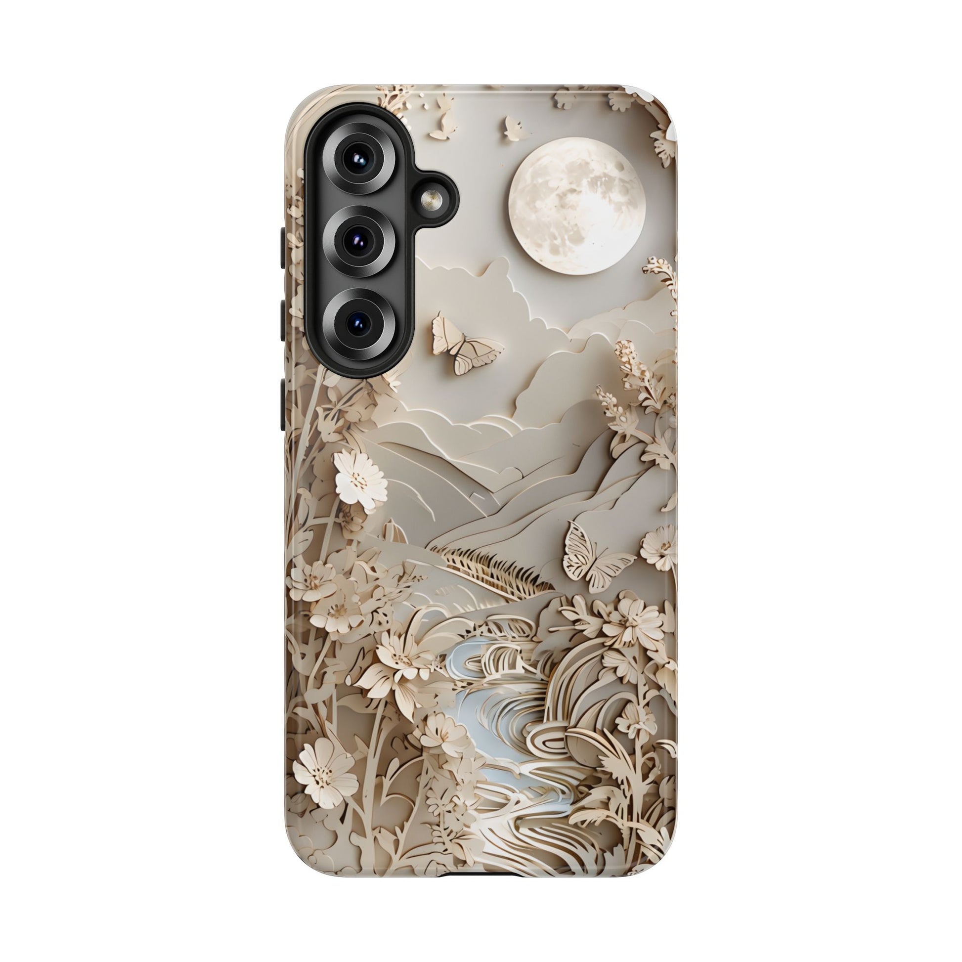 Moonlit Garden - Elegant Neutral Floral Samsung Galaxy S25 Plus Tough Phone Case - Painterly Botanical & Moon Design