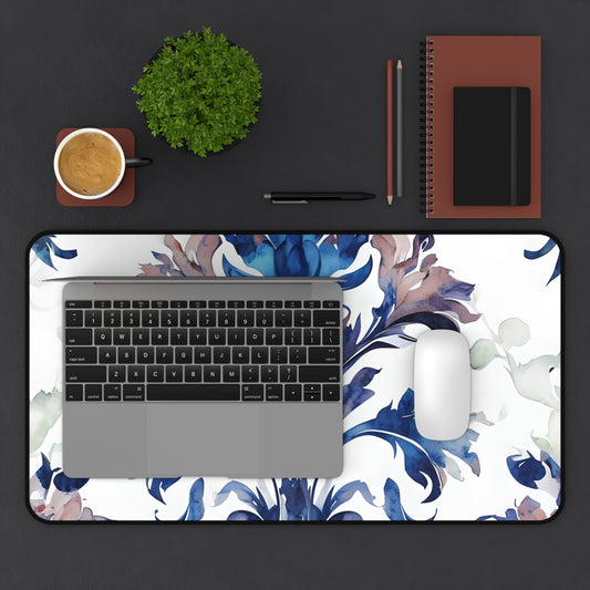 Delft Reverie desk mat in workspace with keyboard showing classic blue floral artwork