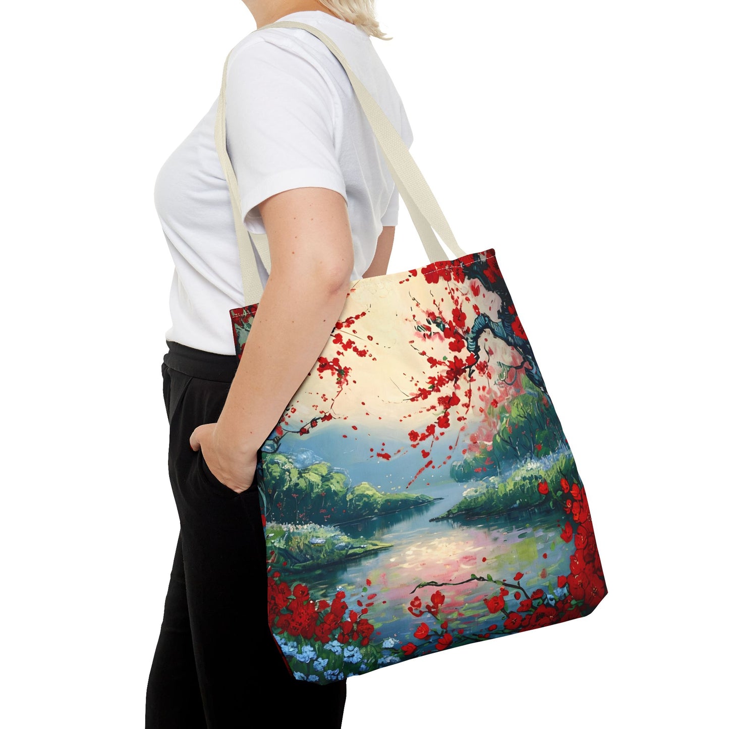 Crimson Blossom Lake Tote (16x16 & 18x18)- Serene Cherry Tree Landscape on Canvas, Reusable & Eco-Friendly