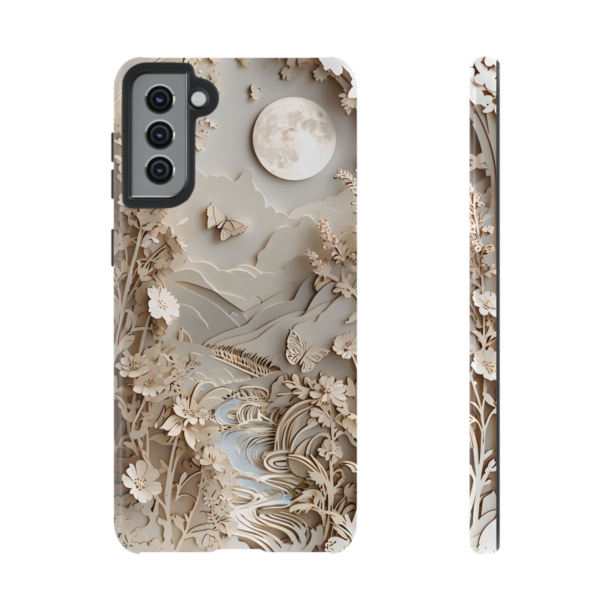 Moonlit Garden - Elegant Neutral Floral Samsung Galaxy S21 Plus Tough Phone Case - Painterly Botanical & Moon Design