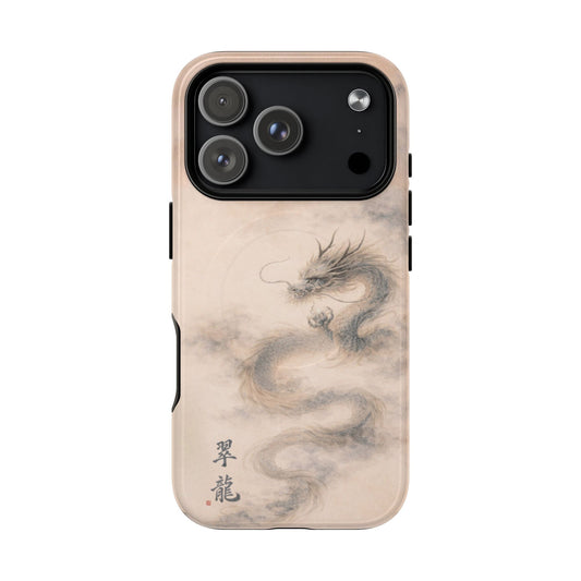 Jade Dragon iPhone case with large carmera cutout – minimalist Japanese dragon design, soft jade and neutral tones, slim protective phone case, elegant Asian-inspired artwork