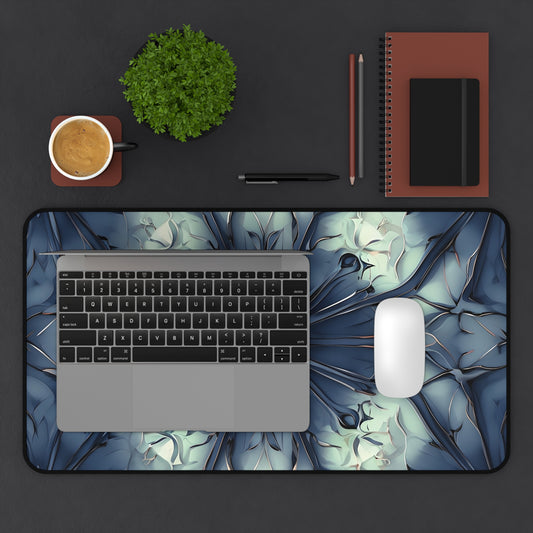 Indigo Mosaic desk mat in workspace with keyboard showing blue mosaic design