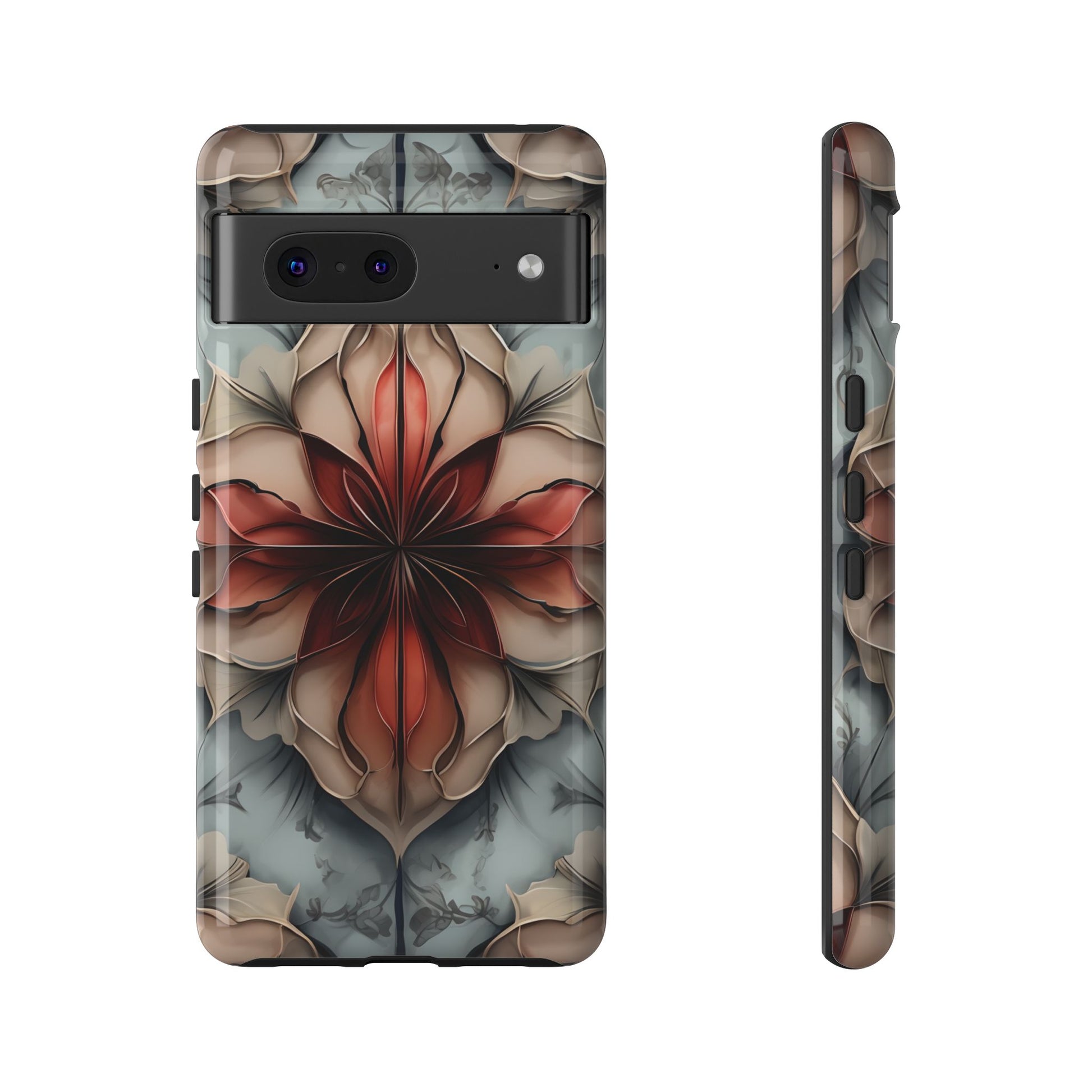 Ember Bloom - Kaleidoscope Collection Artistic Floral - Google Pixel 7 Tough Phone Case - Fiery Symmetrical Design