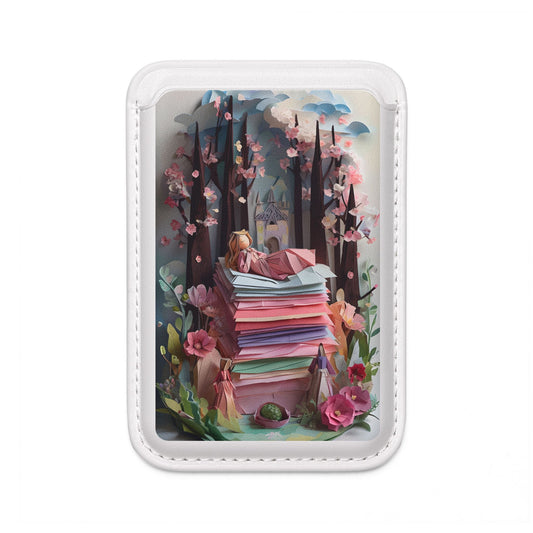 A Good Night’s Sleep MagSafe card holder with stack of papers and sleeping figure in whimsical scene on white magnetic wallet.