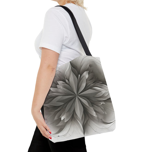 Silver Lotus canvas tote bag worn over shoulder showing detailed gray lotus flower artwork
