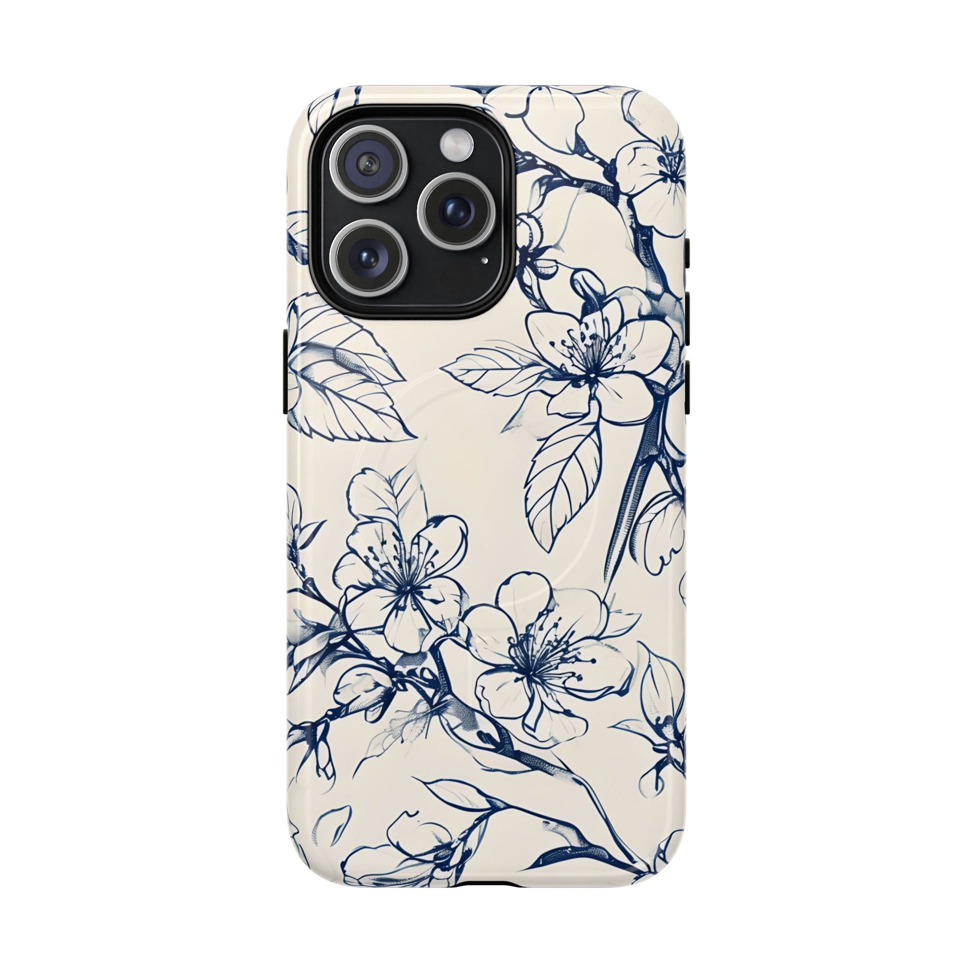 Blossom Sketch - Artistic Blue Floral - iPhone 15 Pro Max MagSafe Phone Case - Hand-Drawn Botanical Design
