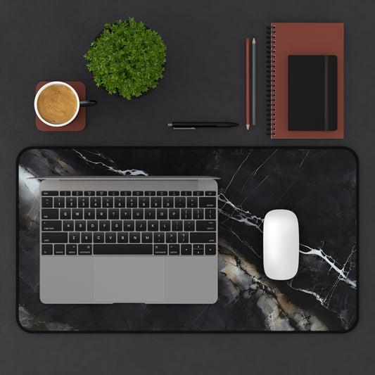 Obsidian Vein desk mat in workspace with keyboard showing dramatic black marble design