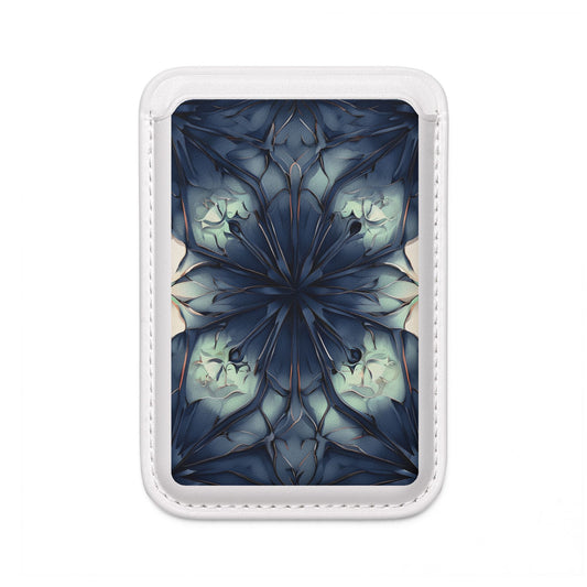 Indigo Mosaic MagSafe card holder with indigo geometric mosaic design on white magnetic wallet.