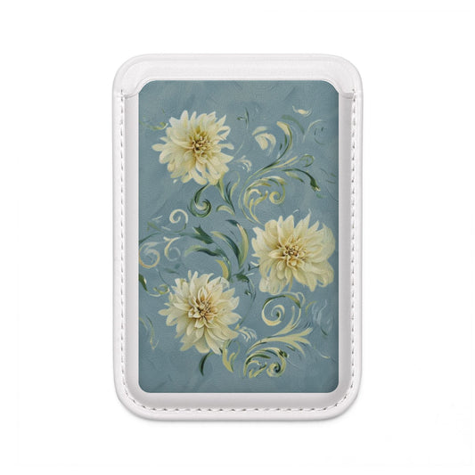 Golden Dahlia Trio MagSafe card holder with golden dahlia floral design on blue background, white magnetic wallet.