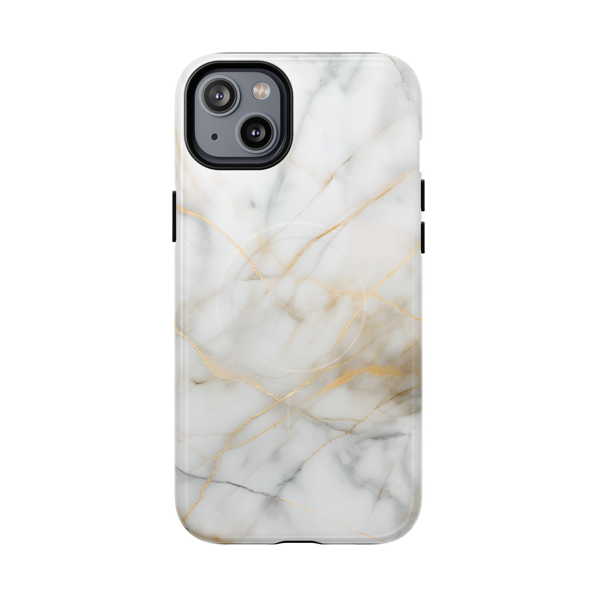 Golden Vein iPhone 14 Plus MagSafe Phone Case -White Neutral Marble Design
