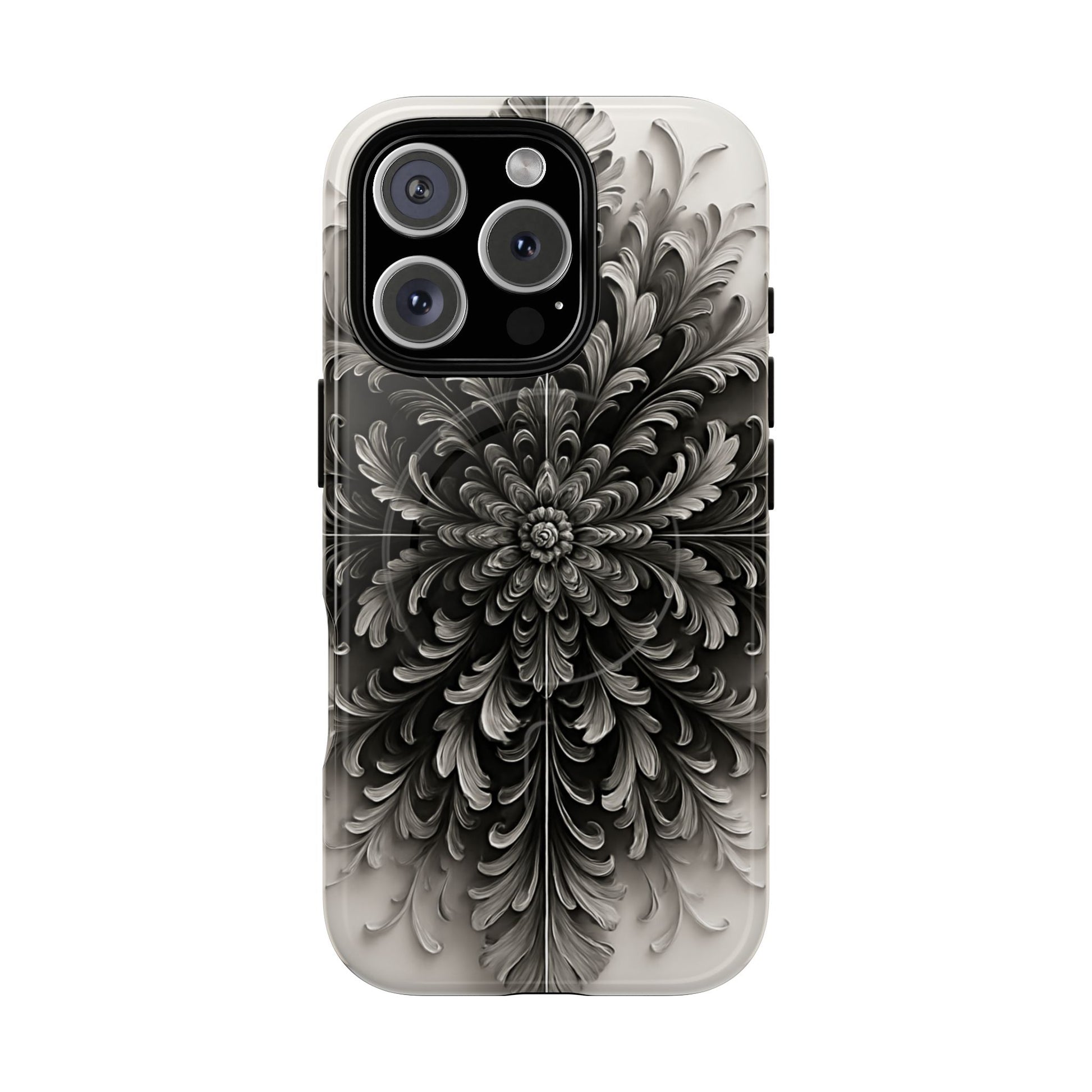 Obsidian Bloom - Elegant Black & White iPhone 16 Pro MagSafe Phone Case - Intricate Mandala Flower Design
