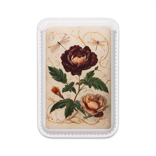 Vintage Burgundy Rose MagSafe card holder with vintage rose floral design on white magnetic wallet.