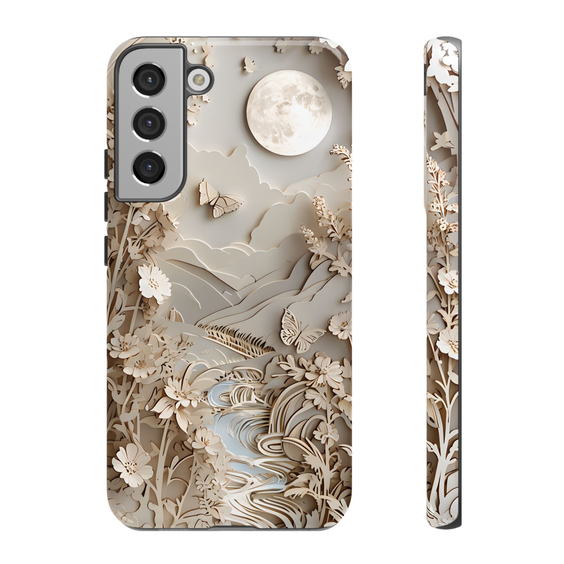 Moonlit Garden - Elegant Neutral Floral Samsung Galaxy S22 Plus Tough Phone Case - Painterly Botanical & Moon Design