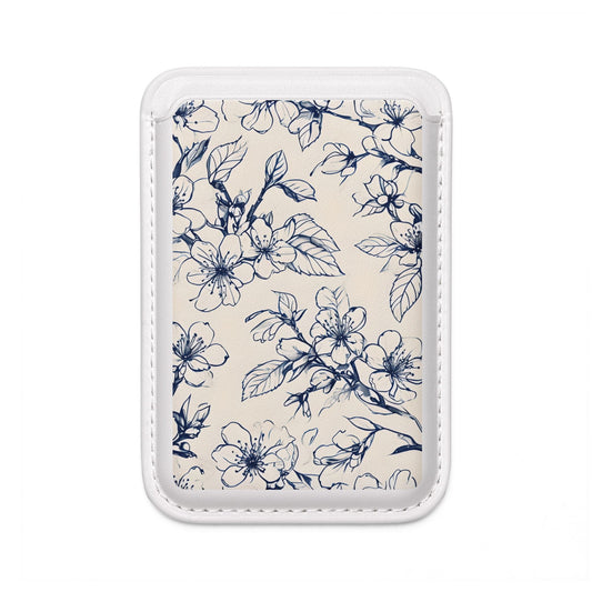 Blossom Sketch blue floral line art MagSafe card holder with botanical sketch design on white magnetic wallet.