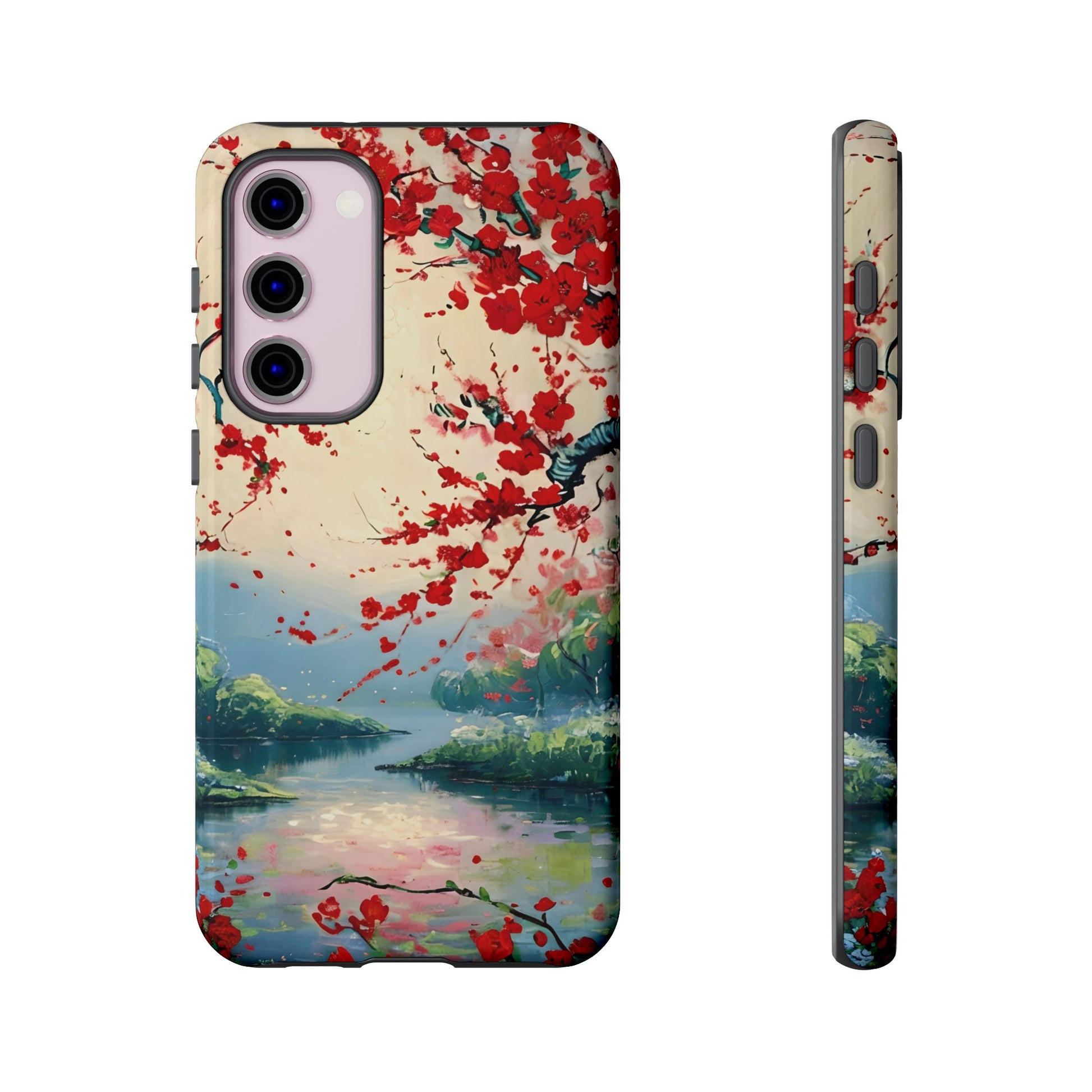 Crimson Blossom Lake - Artistic Floral Landscape Samsung Galaxy S23 Plus Tough Phone Case - Red Cherry Blossoms & Serene Lake Design